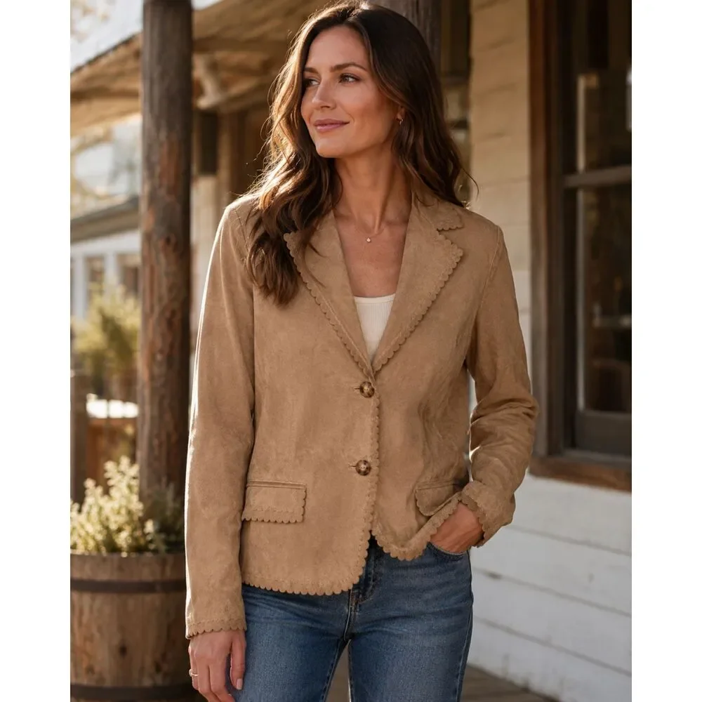 Coldwater Creek Womens L Tan Suede Leather Scalloped Blazer Jacket Boho Western - Picture 1 of 8